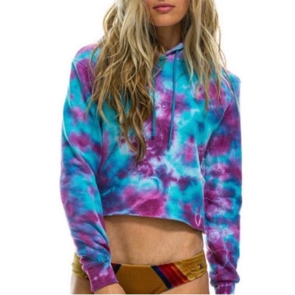 Aviator Nation Tops - Aviator Nation Hand Tie-Dye Hoodie - Blue and Purple crop hoodie